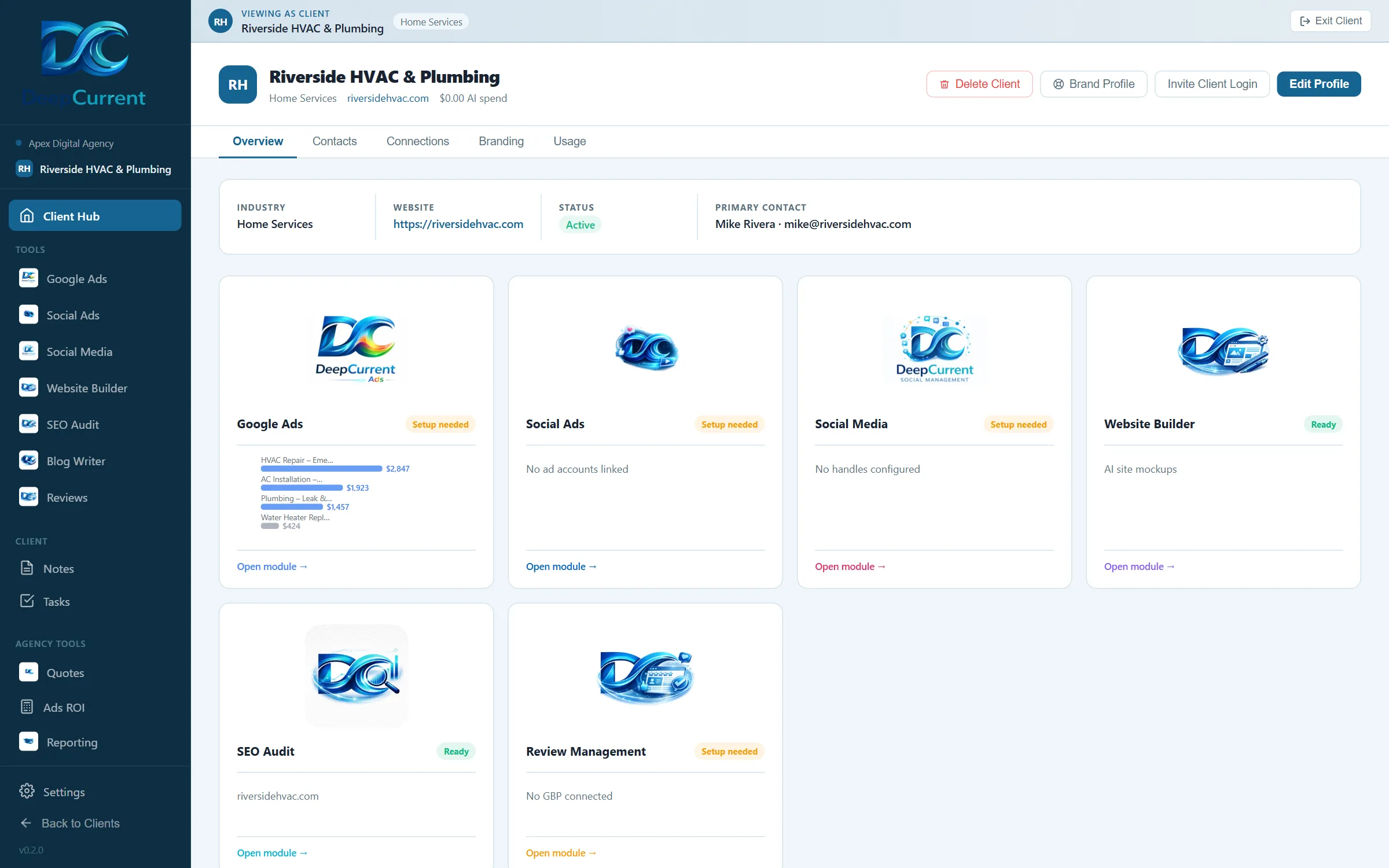 The Deep Current platform showing the client hub interface